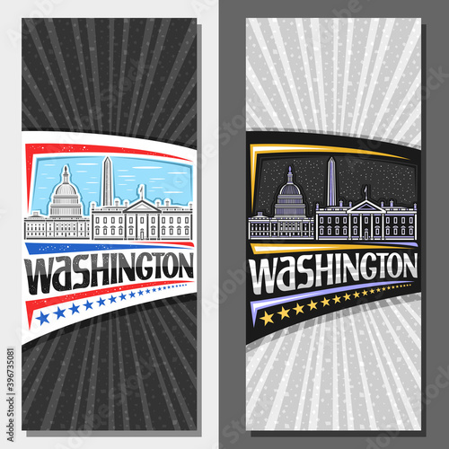 Vector layouts for Washington, decorative leaflet with outline illustration of washington city scape on day and dusk sky background, art design tourist card with unique lettering for word washington.
