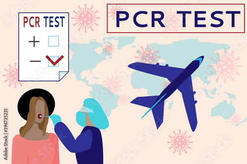 Design of a poster for mandatory PCR testing for COVID-19 at the airport before the flight in the context of the caronvirus pandemic. Vector flat illustration