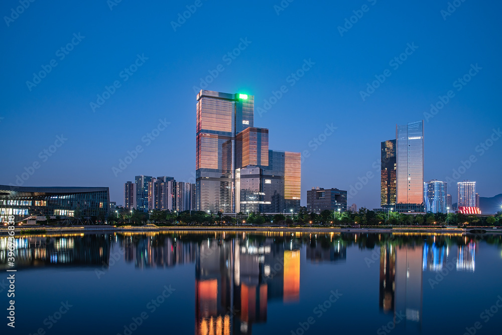 Night view of CBD buildings in Nansha Free Trade Zone, Guangzhou, China
