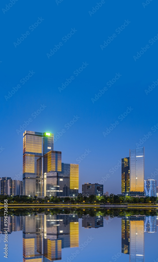 Obraz premium Night view of CBD buildings in Nansha Free Trade Zone, Guangzhou, China