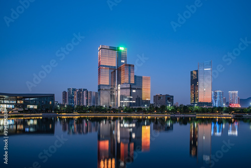 Night view of CBD buildings in Nansha Free Trade Zone, Guangzhou, China © Lili.Q