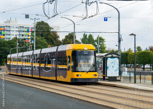 Modern yellow tram in Dresden