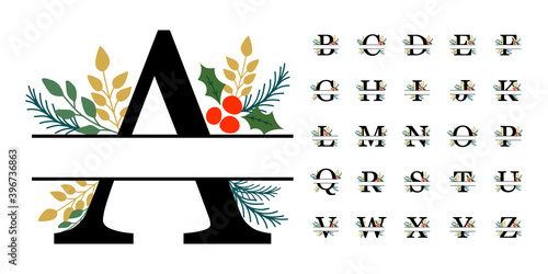 Christmas Split Monogram Alphabet, Florals, Vector Illustration