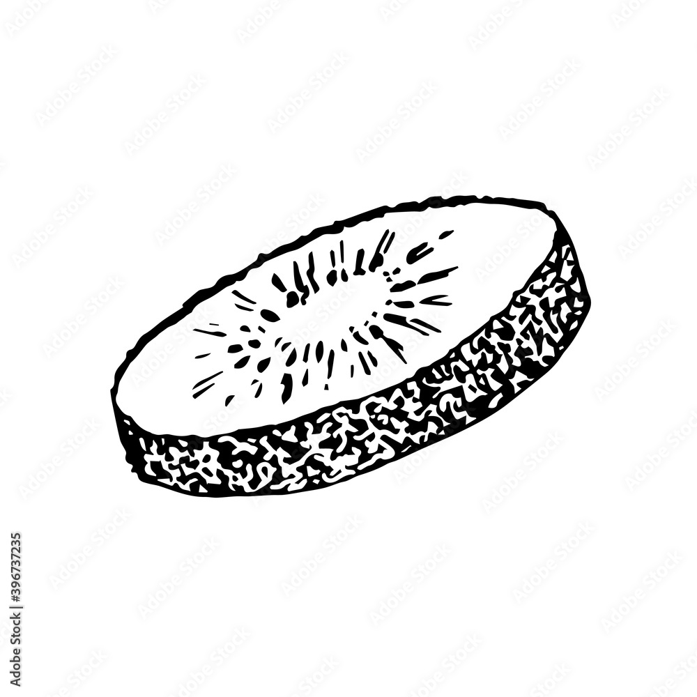 Hand-drawn simple vector illustration in black outline. Round slice of kiwi isolated on white background. Ingredient, cooking, dessert, vitamin, menu, logo, sticker. Hand-drawn simple vector illustration in black outline. Round slice of kiwi isolated on white background. Ingredient, cooking, dessert, vitamin, menu, logo, sticker.