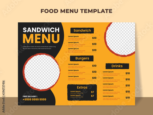 Sandwich menu template for fast food restaurant