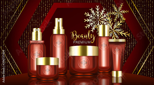Beauty product ad design, red cosmetic containers with holiday concept advertising background ready to use, luxury skin care banner, illustration vector.