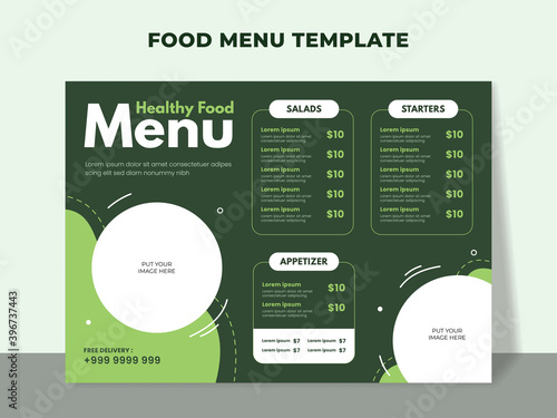 Healthy food menu template for vegetarian restaurant