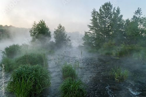 Obraz na płótnie Rough river with fast-flowing in the fog and mist on the background w salonie