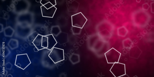 Abstract dark blue and magenta background with flying pentagonal shapes