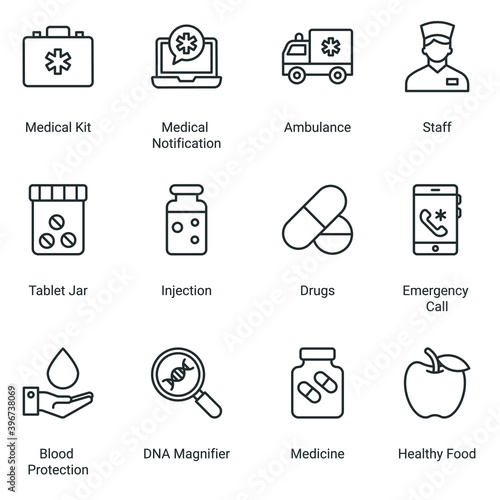 Modern thin line icons set of hospital and healthcare professionals and medical equipment. Simple symbols for app development and website design. Pack of stroke icons.