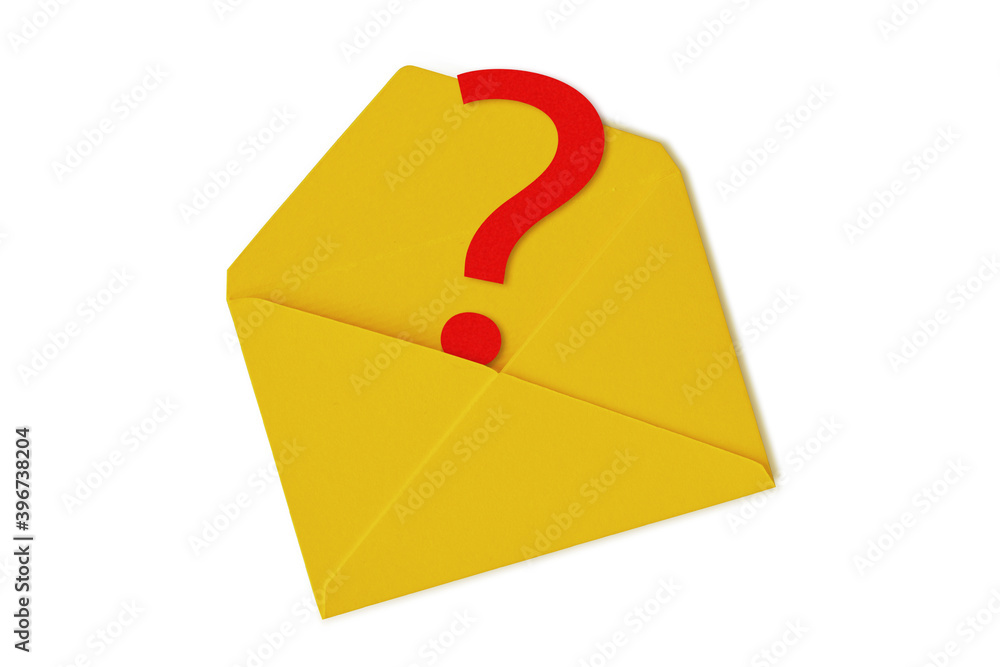Yellow envelope with question mark on white background Yellow envelope with question mark on white background