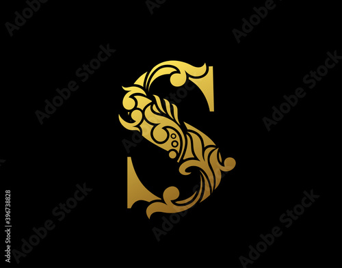 Fototapeta Naklejka Na Ścianę i Meble -  Golden Elegant letter S. Graceful Ornate style. Calligraphic beautiful logo. Vintage drawn emblem for book design, brand name, business card, Restaurant, Boutique, Hotel.