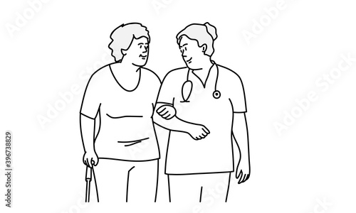 Nurse and elderly woman for a walk.