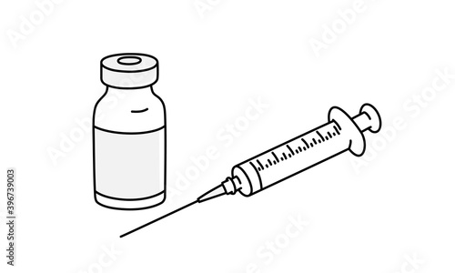 Hand drawn vector illustration of vials with medication and syringe.