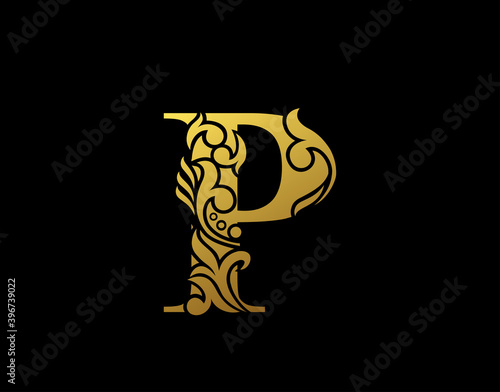 Fototapeta Naklejka Na Ścianę i Meble -  Golden Elegant letter P. Graceful Ornate style. Calligraphic beautiful logo. Vintage drawn emblem for book design, brand name, business card, Restaurant, Boutique, Hotel.