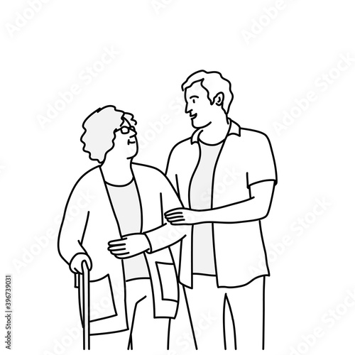 Young man and elderly woman for a walk. 