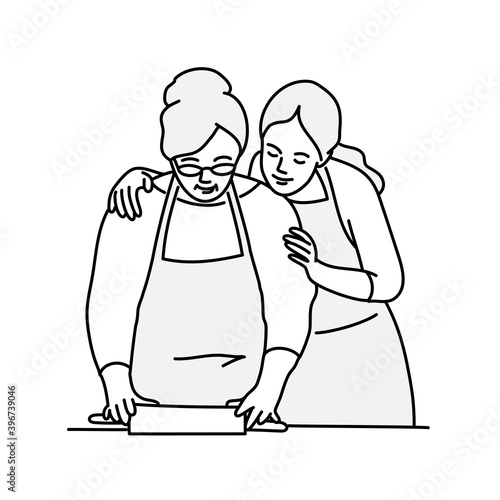 Elderly woman and young girl are cooking.