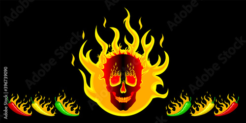 Hot mexican chili peppers. Green red yellow peppers on the background of fire with a burning skull. Vector