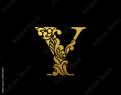 Golden Elegant letter Y. Graceful Ornate style. Calligraphic beautiful logo. Vintage drawn emblem for book design, brand name, business card, Restaurant, Boutique, Hotel.