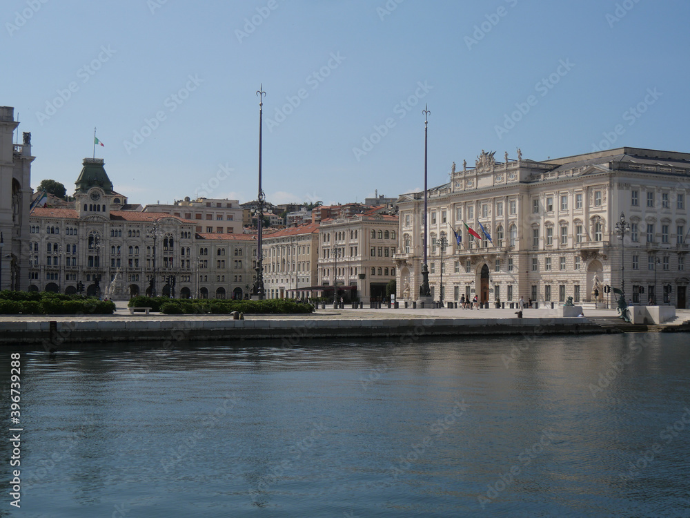 Piazza Unità d'Italia in Trieste, panorama from Molo Audace of its buildings like Palace of Lloyd, Palace of the Austrian Lieutenancy and Town