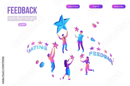 Feedback concept with 3d isometric star icon, customer rate product, client satisfaction survey, people review quality of service, purple vector illustration, landing page template