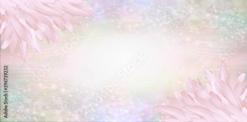 Fototapeta Naklejka Na Ścianę i Meble -  Pink Angel Feather Message Banner Background - a pile of long pink coloured feathers in top left and bottom right corners and wide message area with multicoloured sparkly border and copy space 