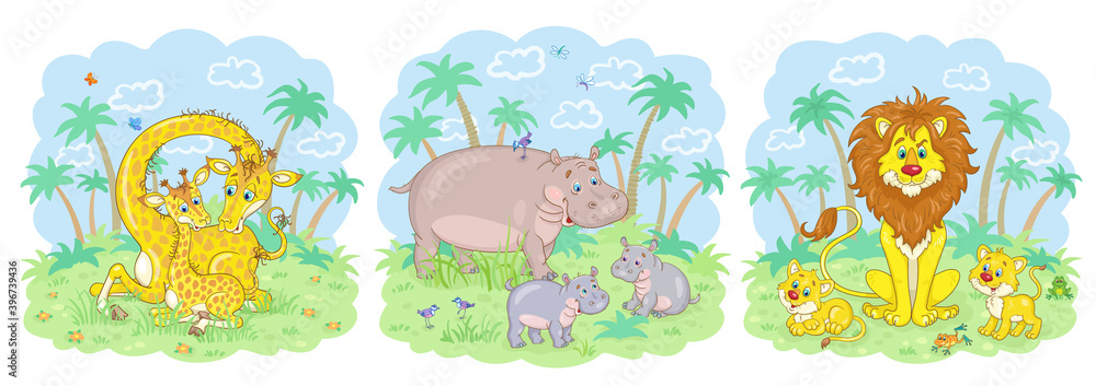 Cute african animals - giraffe, hippo and lion with their funny babies. Collection of drawings for card, poster, print or banner. In cartoon style. Vector illustration. Cute african animals - giraffe, hippo and lion with their funny babies. Collection of drawings for card, poster, print or banner. In cartoon style. Vector illustration.