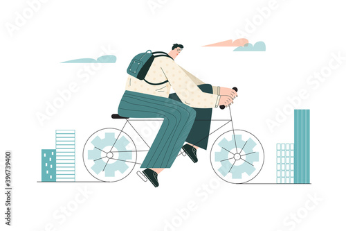 Businessman cycling to work. Suit person on bike. Urban character with bagpack riding on bicycle. Employee commuting in the city.  Corporate bicyclist ride to job. Flat vector isolated illustration 