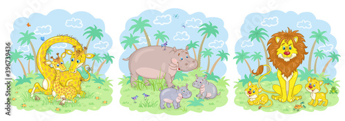 Cute african animals - giraffe, hippo and lion with their funny babies. Collection of drawings for card, poster, print or banner. In cartoon style. Vector illustration.