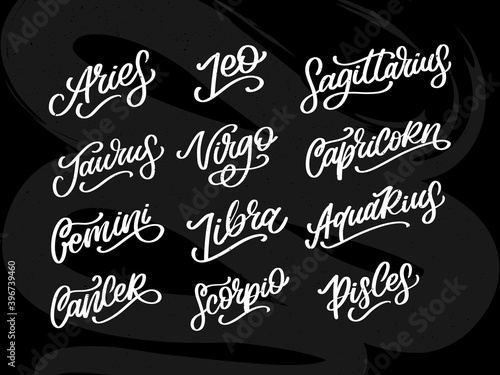 Zodiac lettering Vector Sign. Cartoon astrology text illustration. Horoscope handwritten icon set.