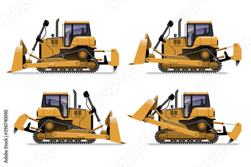 yellow bulldozer side view in different action