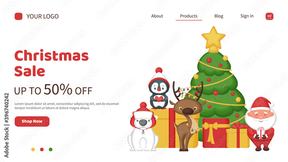 Fototapeta premium Christmas sale landing page. Banner template for a website with cute cartoon characters. Vector illustration.