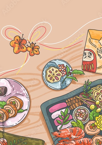 美味しそうなおせちと嬉しいお年玉のイラスト