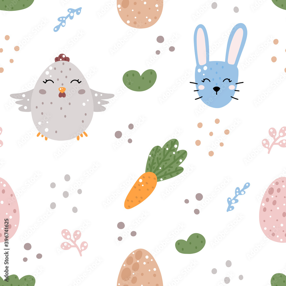Cute nursery easter seamless pattern with rabbit, chicken, carrot, eggs and abstract elements isolated on white background. Hand drawn in Scandinavian style vector illustration. Cute nursery easter seamless pattern with rabbit, chicken, carrot, eggs and abstract elements isolated on white background. Hand drawn in Scandinavian style vector illustration.