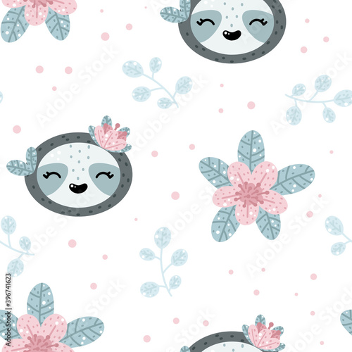 Cute sloth seamless pattern with floral elements and abstract dots around. Nursery hand drawn vector illustration in Scandinavian style.