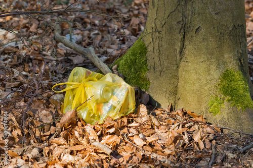 Disposal of plastic waste bags in the forest photo