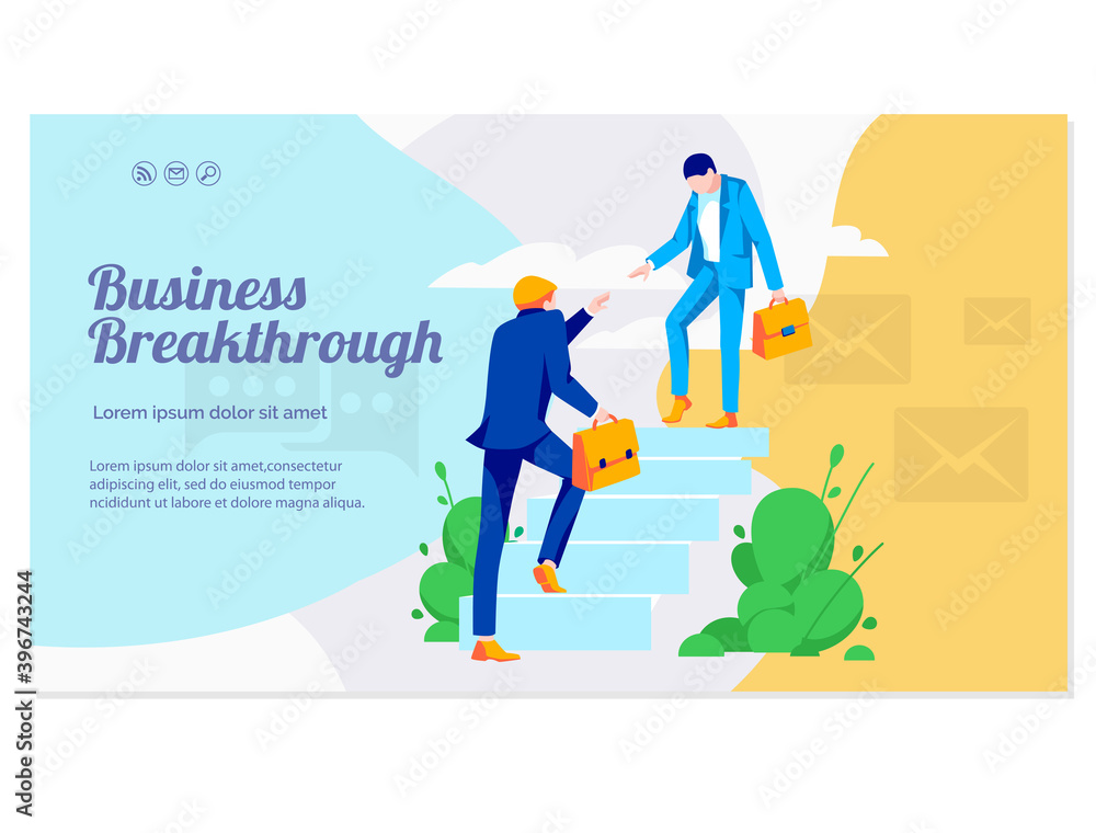 Business breakthrough banner template. Colleagues partners climbing up stairs. Businessman helping another holding out hand. Business success, teamwork, corporate relations flat vector illustration