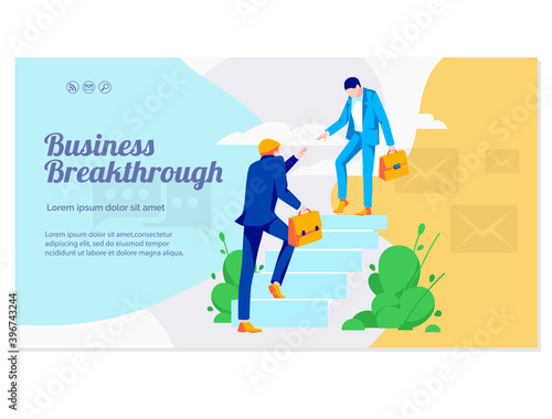 Business breakthrough banner template. Colleagues partners climbing up stairs. Businessman helping another holding out hand. Business success, teamwork, corporate relations flat vector illustration