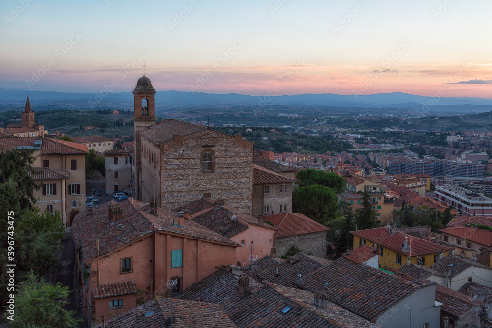 Aerial view of old houses in Perugia at sunset, Umbria