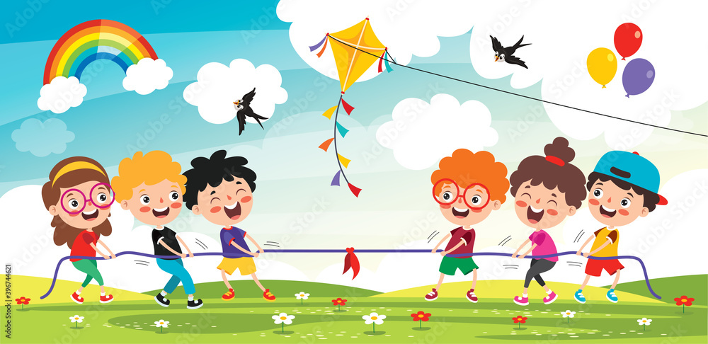 Obraz premium Funny Kids Playing Pulling Rope