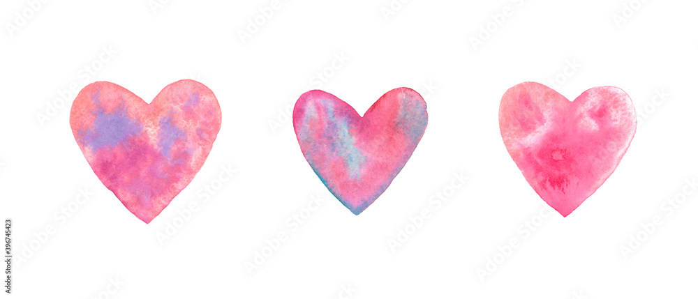 set of watercolor hearts pink red