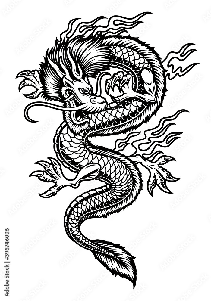 A vector Asian dragon illustration isolated on white background.