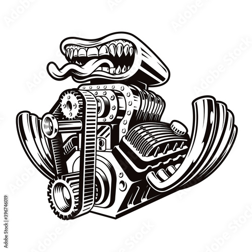 A black and white cartoon hot rod engine illustration isolated on a dark background