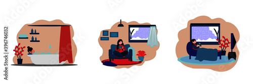 set illustration of winter activities when staying home, reading books, soaking, watching tv, at home, winter seasons.