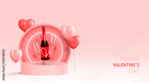 Happy Valentine's Day card. Holiday background with red and pink balloon, neon circle, round stage, realistic champagne bottle, glasses and confetti. Vector illustration with 3d render object.