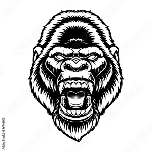 A black and white vector illustration of a gorilla head, isolated on white background.