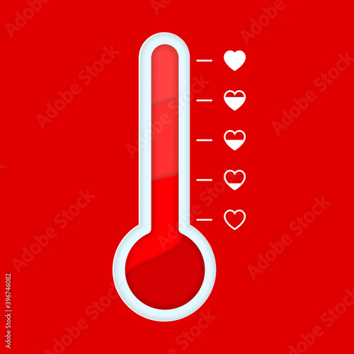 Love thermometer in paper cut style. Love meter in full condition. Valentines day card design element template. Vector illustration of heat love of romance with process degree in hearts