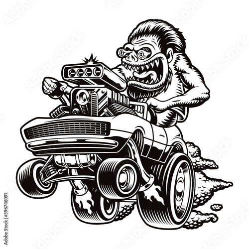 A black and white vector illustration of a cartoon hot rod with a character isolated on a white background. 