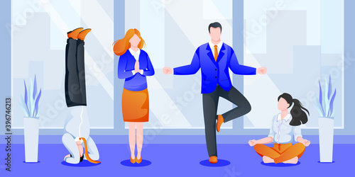 Business team do yoga in office. Women, men meditating in cabinet. Vector illustration. Concept for relaxation at work