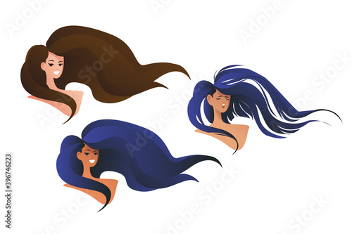 The spoiled shattered hair of a girl isolated on a white background. The voluminous hairstyle of a young girl. Beauty salon icon, modern brochure illustration.